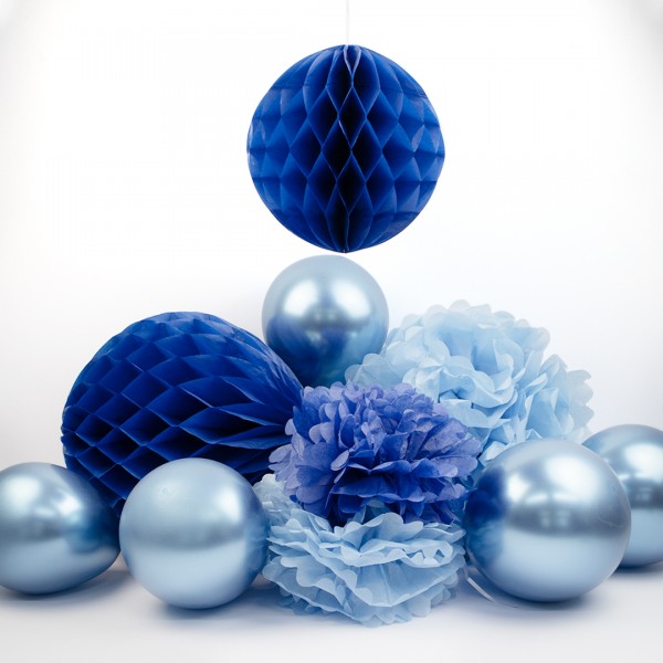 Party Deko-Set "Blau", darin enthalten sind Luftballons, Pompons und ein Wabenball
