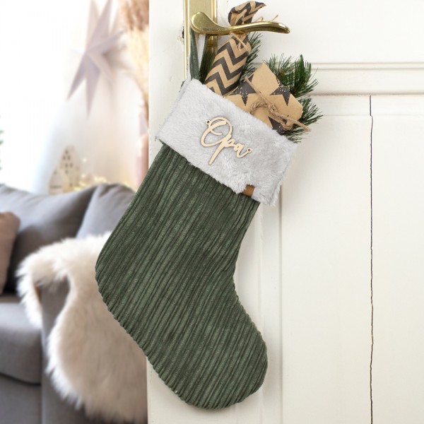 Nikolausstiefel Cord | grün | Wunschname Holz | gefütterte Weihnachtssocke | handmade