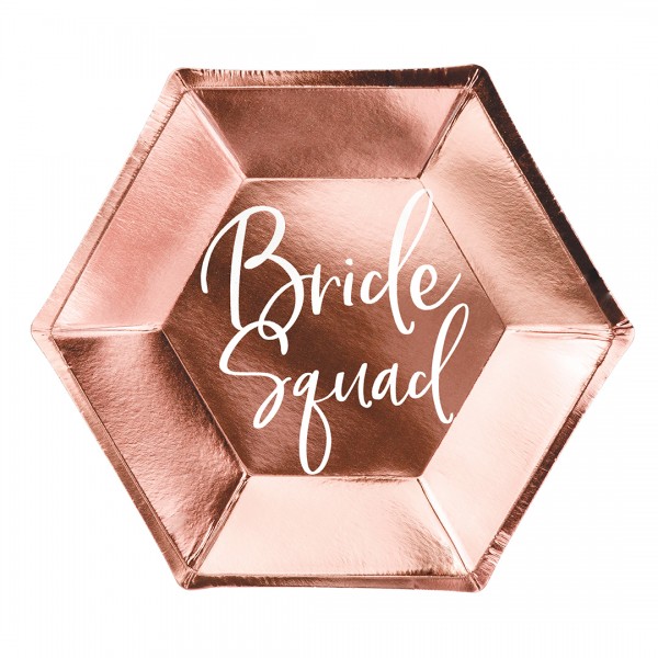 Teller aus Pappe in rosegold mit Bride Squad Aufschrif für die Bachelorette-Party