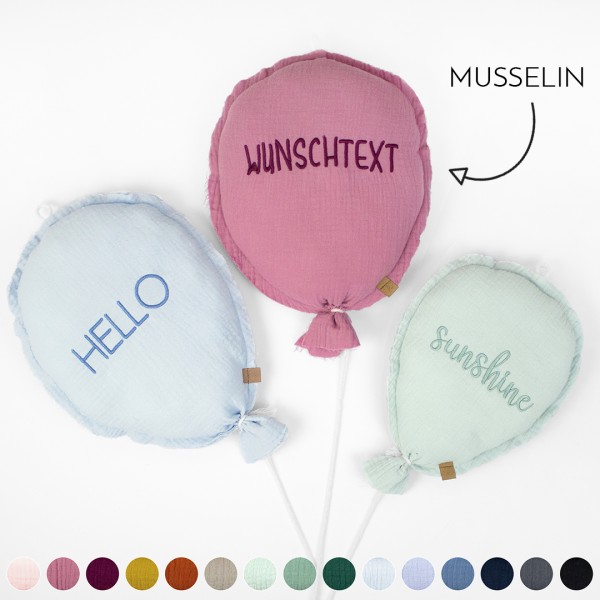 Musselin Luftballon mit aufgesticktem Wunschtext in Wunschfarbe und Größe
