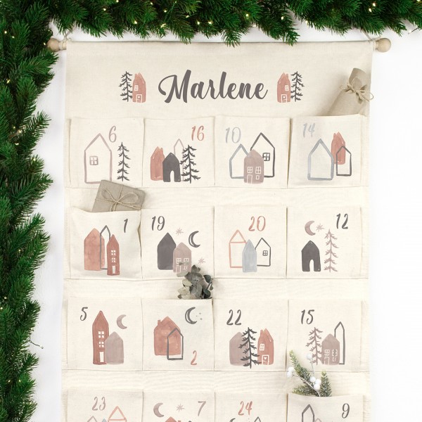 Adventskalender Wandkalender XXL mit Wunschname Boho Weihnachtshäuser