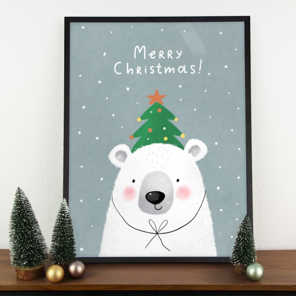 Poster Weihnachten mit Eisbär und Tannenbaum vor blauen Hintergrund