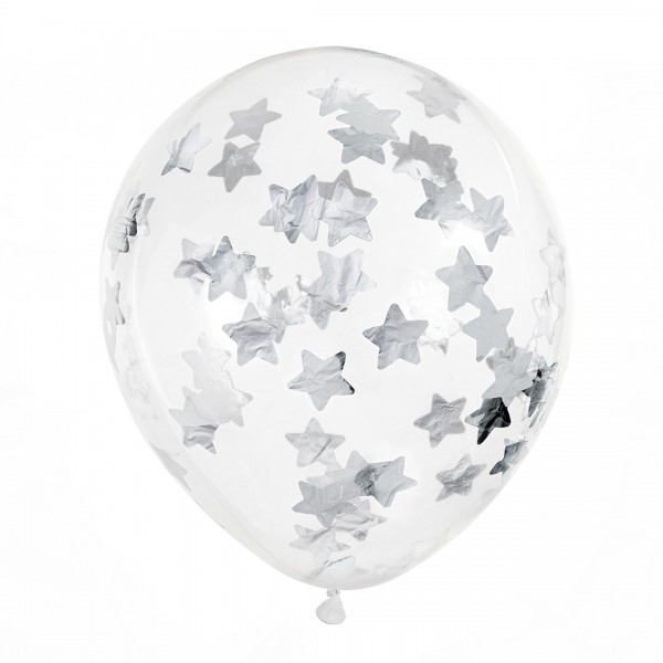Klarer Luftballon gefüllt mit silbernem Sterne-Konfetti