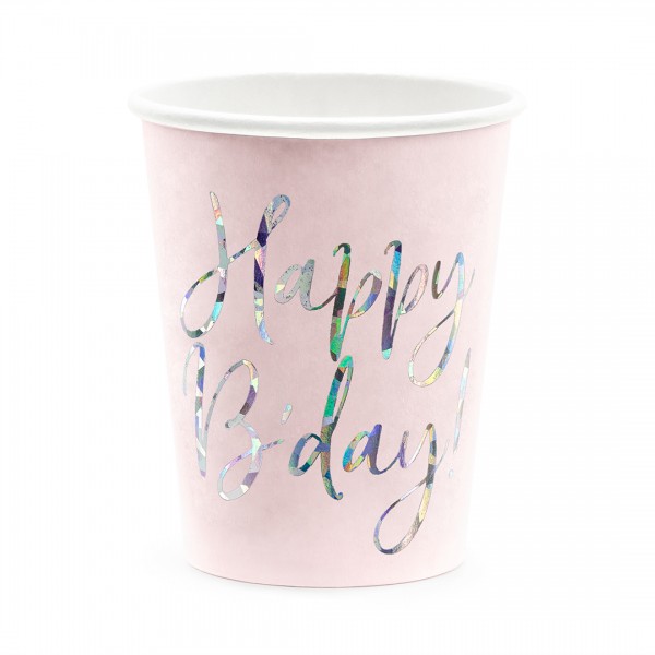 rosa Papierbecher mit der Aufschrift Happy B'Day in Silber