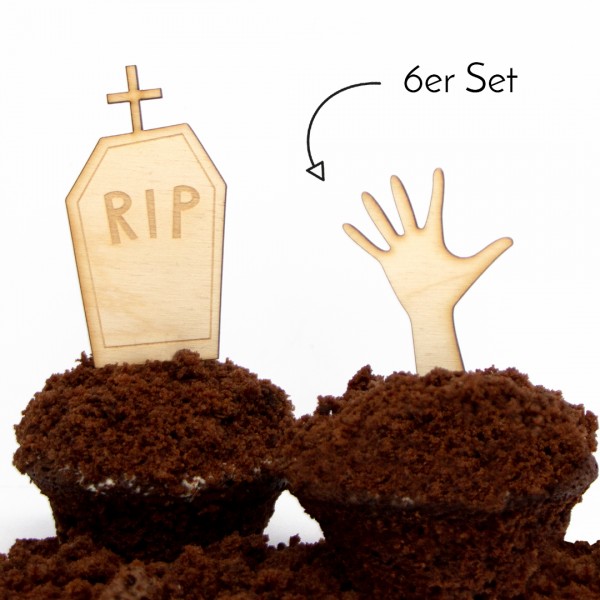Set aus Holz Cake Toppern für Halloween mit Grabsteinen und Zombies