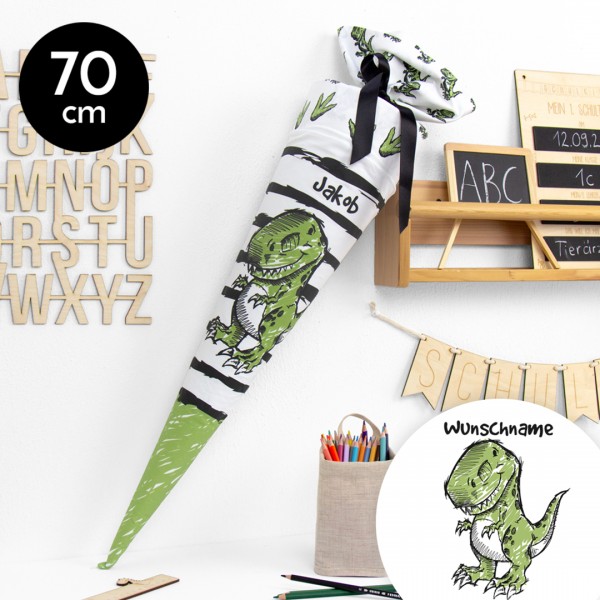 Schultüte aus Stoff personalisierbar mit Wunschname – T-Rex - 70 cm