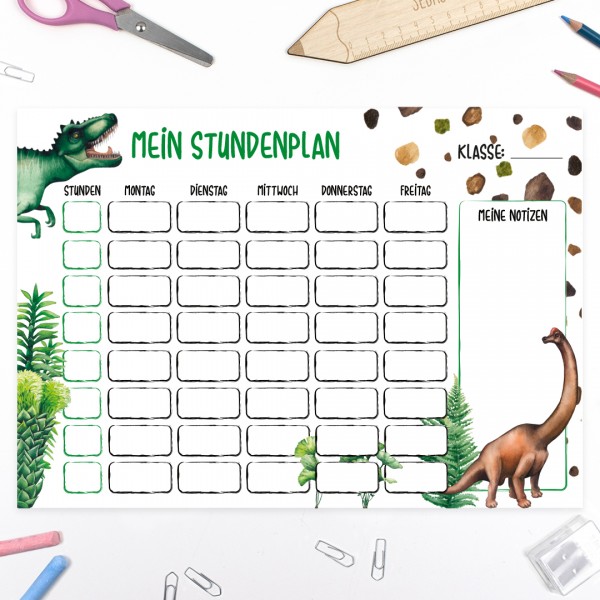 Stundenplan mit Dinos und Pflanzen in grün und weiß