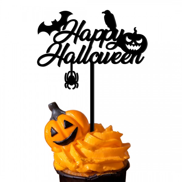 Cake Topper aus schwarzem Acryl mit Schrift Happy Halloween und Tieren