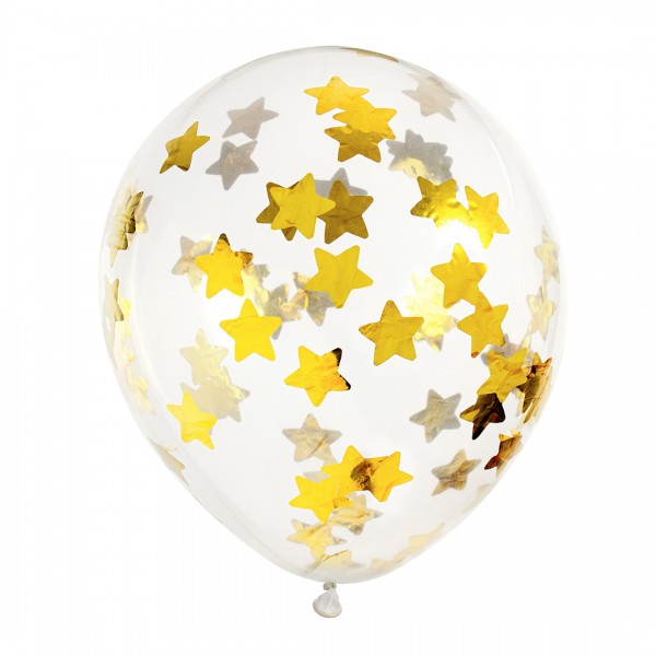 Klarer Luftballon gefüllt mit goldenem Sterne-Konfetti