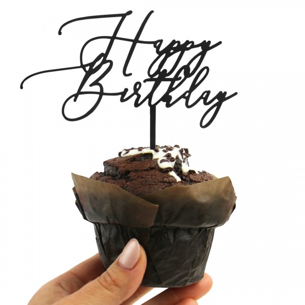 Cake Topper aus Acryl mit Schrift Happy Birthday in einem Muffin