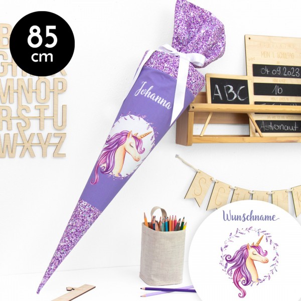 Schultüte aus Stoff personalisierbar mit Wunschname – Glitzer Einhorn - 85 cm