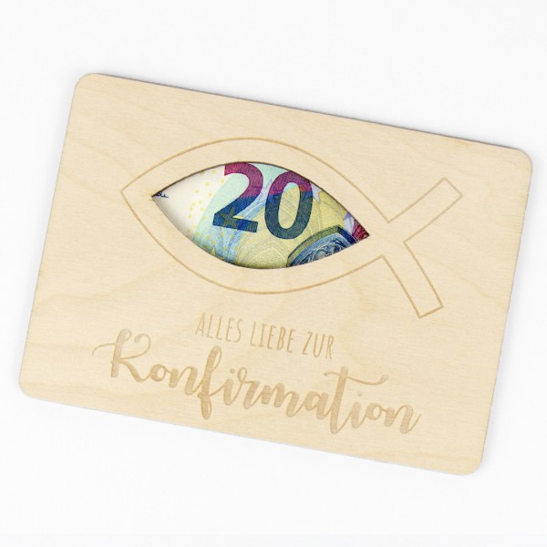 Geschenkkarte Holz | Geldgeschenk Kommunion / Konfirmation | Fisch | Alles Liebe