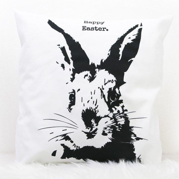 Kissen mit Hase und Happy Easter in schwarz-weiß für Ostern