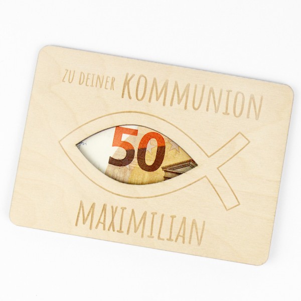 Geschenkkarte Holz | Geldgeschenk Kommunion / Konfirmation | Fisch | Wunschname