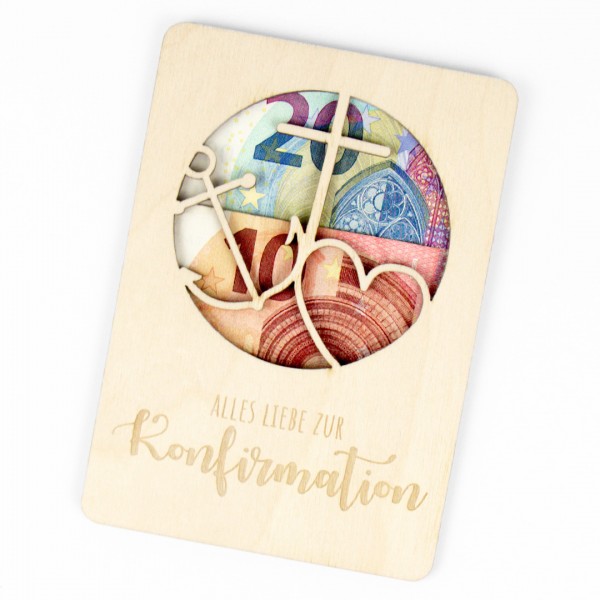 Geschenkkarte Holz | Geldgeschenk Kommunion / Konfirmation | Liebe, Glaube, Hoffnung