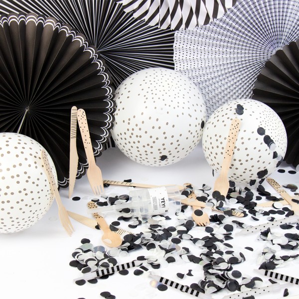 Party Deko Set Schwarz Weiß mit Rosetten, Luftballons, Besteck und Konfetti