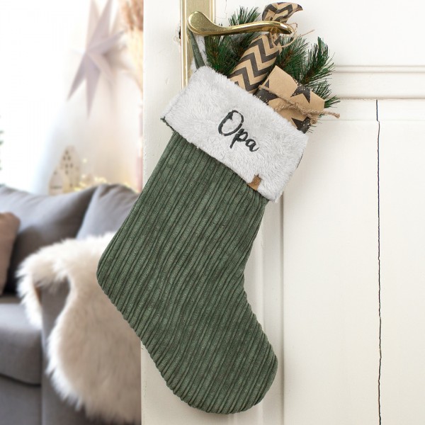 Nikolausstiefel Cord | grün | Wunschname bestickt | gefütterte Weihnachtssocke | handmade