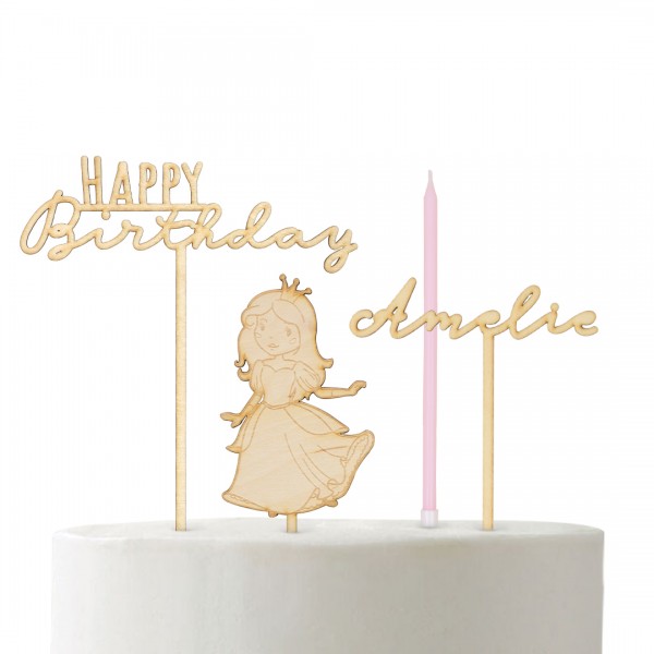 Cake Topper Set "Prinzessin" bestehend aus Prinzessin, Happy Birthday 2 Schriften, Wunschname geschwungen  und Kerzenset rosa
