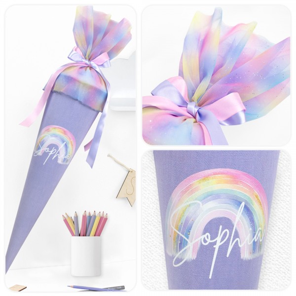 Schultüte "Regenbogen" Leinen / Glitzertüll personalisierbar mit Wunschname - 70 cm