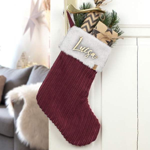 Nikolausstiefel Cord | rot | Wunschname Holz | gefütterte Weihnachtssocke | handmade