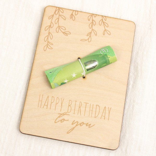 Geschenkkarte Holz | Geldgeschenk Happy Birthday | Pflanze