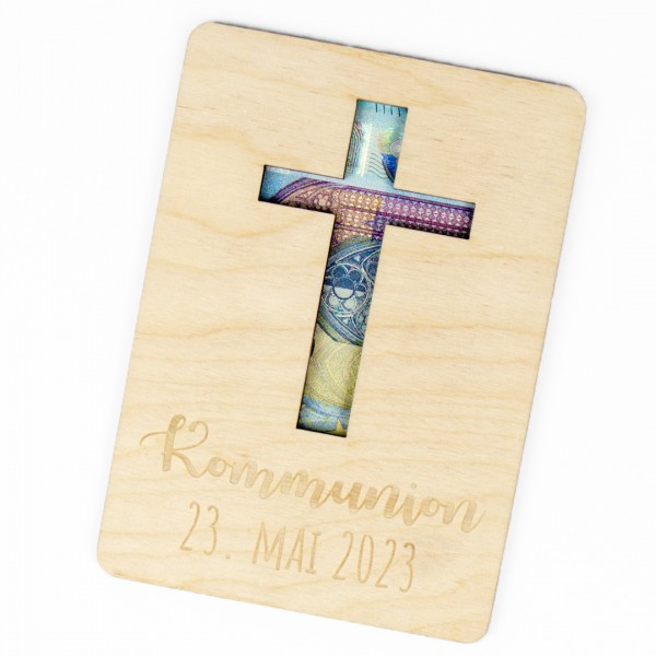 Geschenkkarte Holz | Geldgeschenk Kommunion / Konfirmation | Kreuz | Wunschdatum