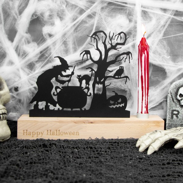 Holzleiste mit Hexen Silhouette und Kerzeneinsatz