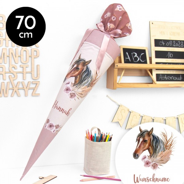 Schultüte aus Stoff personalisierbar mit Wunschname – Boho Pferd - 70 cm