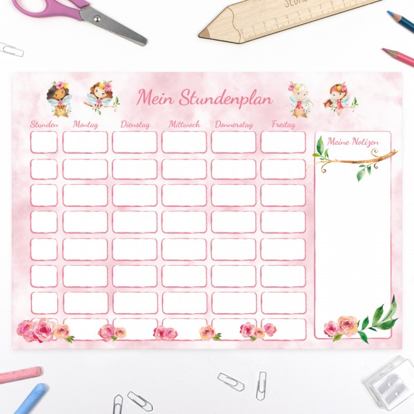 Stundenplan mit Feen und Blumen in rosa