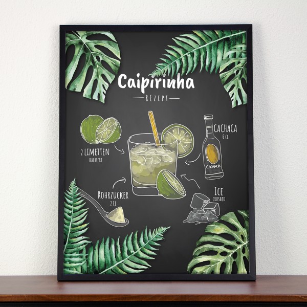 Poster Cocktails mit Rezept für Caipirinha in bunt