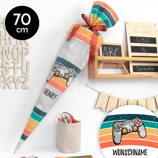 Schultüte aus Stoff personalisierbar mit Wunschname – Gamer - 70 cm