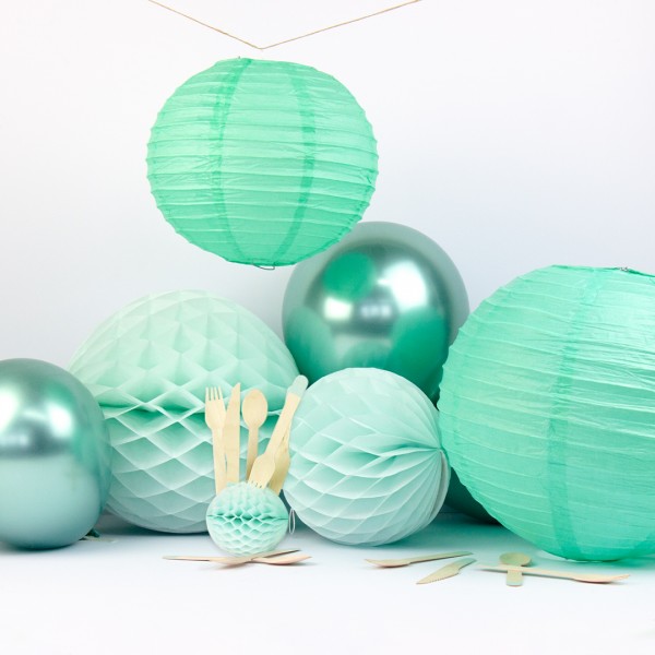 Party Deko Set Mint mit Luftballons, Wabenbällen, Besteck und Lampions