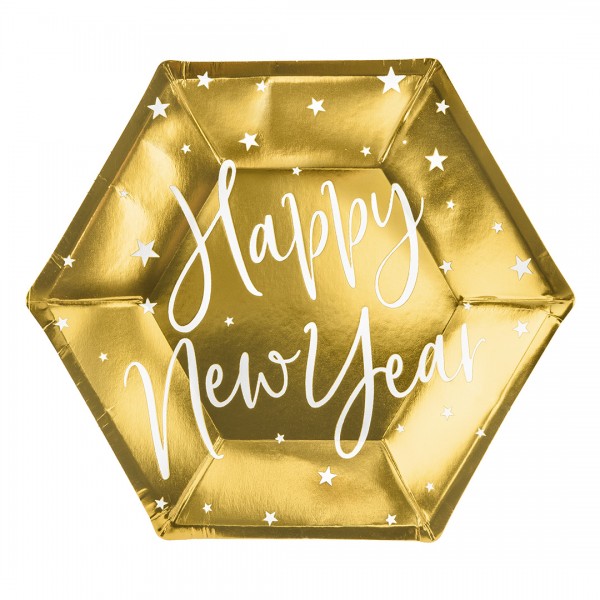 Party Teller Happy New Year in gold mit weißen Sternen