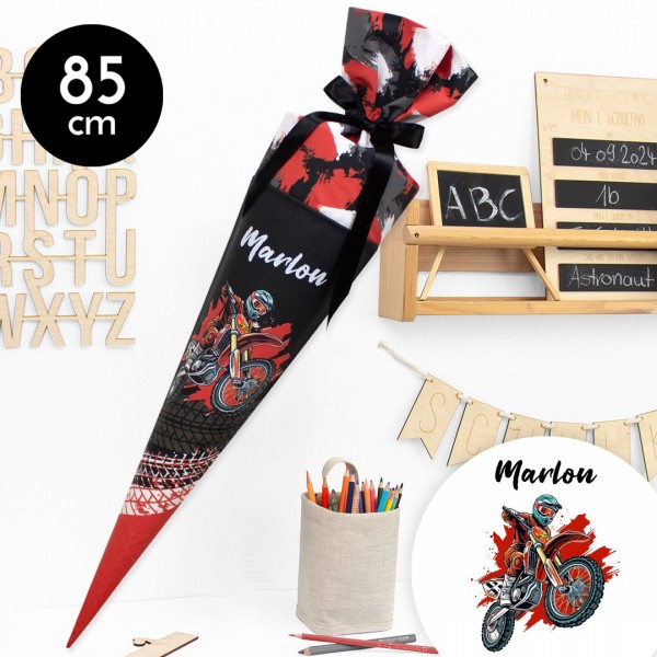 Schultüte aus Stoff personalisierbar mit Wunschname – Motorcross - 85 cm
