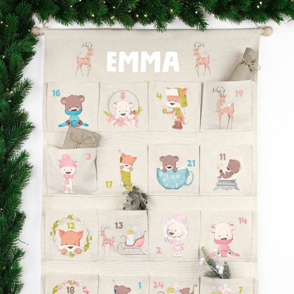 Adventskalender Wandkalender XXL mit Wunschname Weihnachtstiere