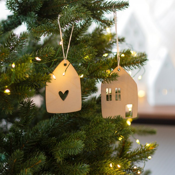 Anhänger Holz | Weihnachten | Häuser | 4er Set Holzornamente | Boho Weihnachtsdeko