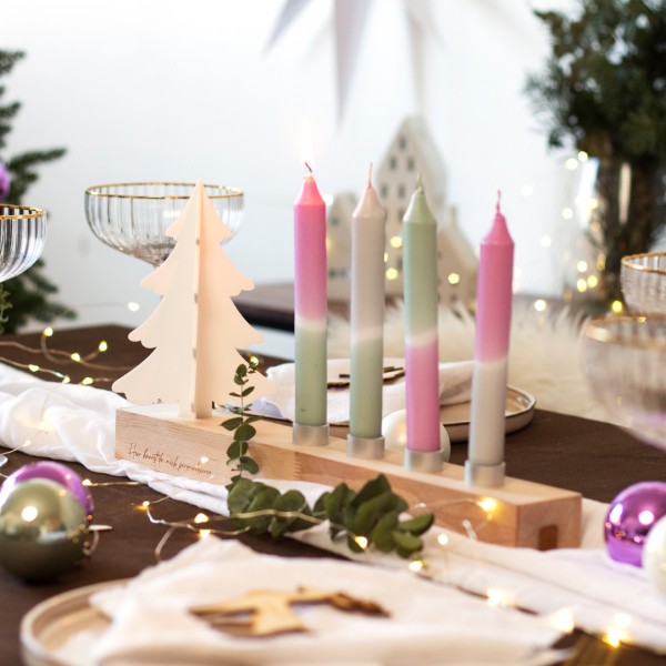 Adventskranz Holz | Tannenbaum | weiß | Kerzenständer | Wunschtext