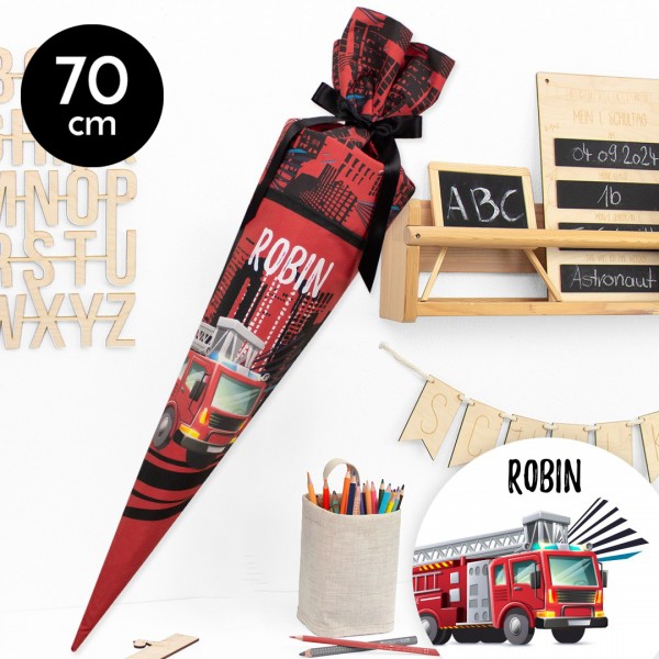 Schultüte aus Stoff personalisierbar mit Wunschname – Feuerwehr - 112 - 70 cm