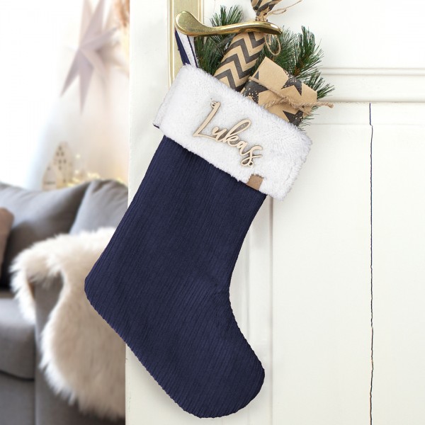 Nikolausstrumpf zum Befüllen Weihnachtssocke personalisiert mit Name aus Holz - blau
