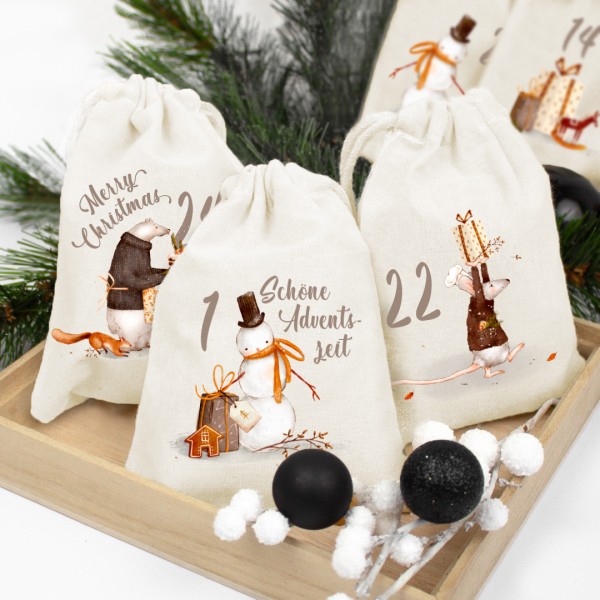 Adventskalender zum Befüllen Säckchen aus Stoff 1-24 Weihnachtskalender zum Aufhängen Tierische Weih