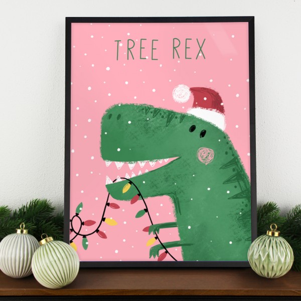 Poster Weihnachten mit T-Rex und Weihnachtsmütze vor rosa Hintergrund