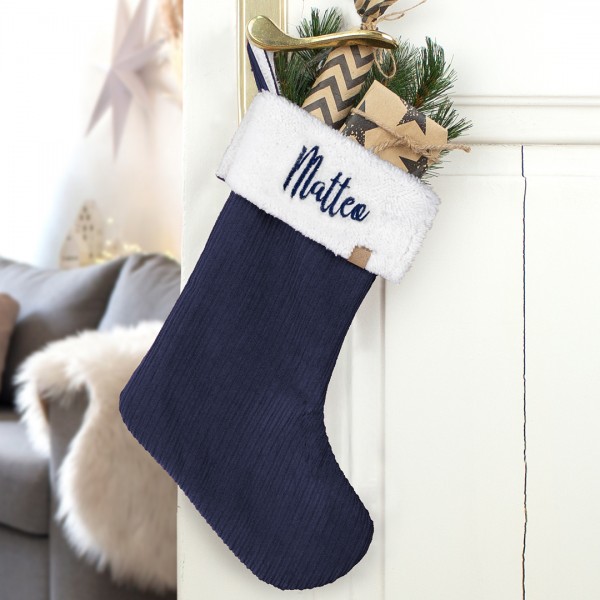 Nikolausstrumpf zum Befüllen Weihnachtssocke personalisiert mit Name bestickt - blau